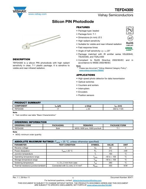 TEFD4300 Silicon PIN Photodiode - datasheets