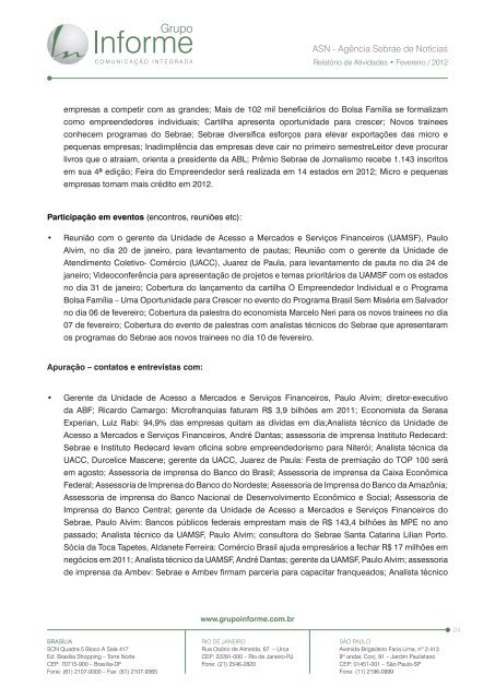 ASN - Agência Sebrae de Notícias Relatório de Atividades