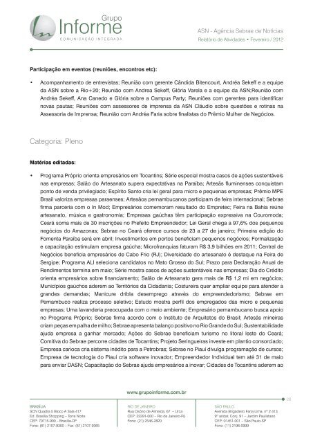 ASN - Agência Sebrae de Notícias Relatório de Atividades