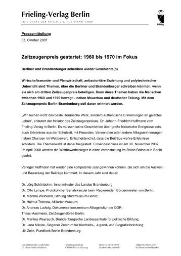 Zeitzeugenpreis gestartet: 1960 bis 1970 im Fokus - beim Frieling ...