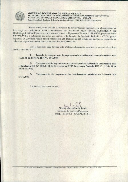 Parecer - Semad - Governo do Estado de Minas Gerais