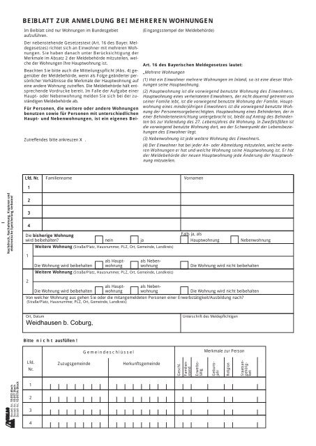 BEIBLATT ZUR ANMELDUNG BEI MEHREREN WOHNUNGEN