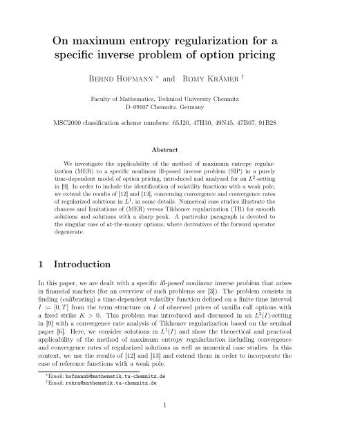On maximum entropy regularization for a specific inverse problem of ...