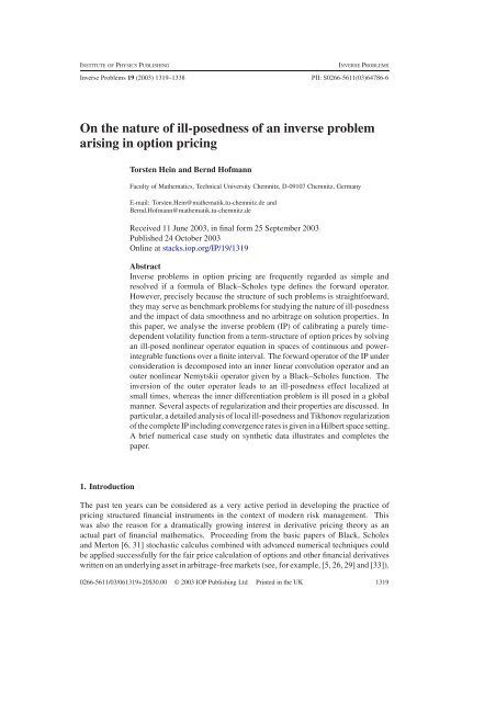 On the nature of ill-posedness of an inverse problem arising in option