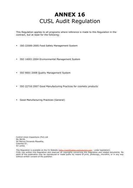 ANNEX 16 CUSL Audit Regulation - Control Union