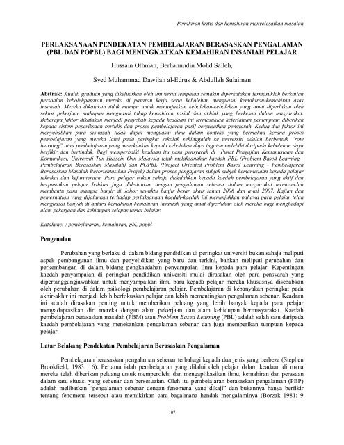 Perlaksanaan Pendekatan Pembelajaran Berasaskan