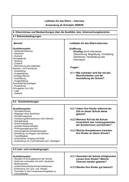 Leitfaden für das Schülerinterview (Grundschule) im Rahmen der ...