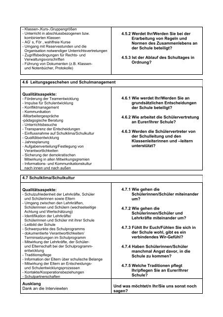 Leitfaden für das Schülerinterview (Grundschule) im Rahmen der ...