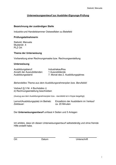 Unterweisungsentwurf Zur Ausbilder Eignungs Prufung
