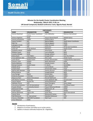 1 Minutes for the Health Cluster Coordination Meeting Wednesday ...
