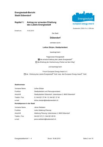 Energiestadt-Bericht Stadt Dübendorf Kapitel 1: Antrag zur ... - dreifels