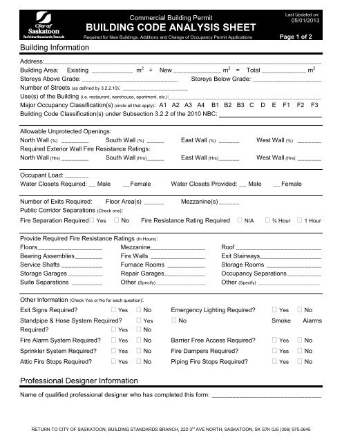 Building Code Analysis Sheet - City of Saskatoon
