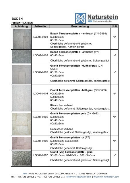 Abbildung Artikel-Nr. Beschreibung Unit Basalt Terrassenplatten ...