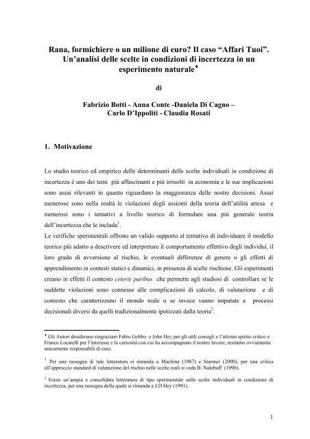 Rana, formichiere o un milione di euro? Il caso “Affari Tuoi ... - Luiss