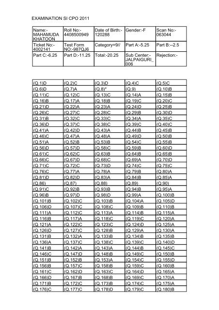 EXAMINATION SI CPO 2011 Name:- MAHAMUDA KHATOON Roll ...