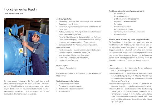 Ausbildungsberuf Industriemechaniker/-in (Flyer) - Wupperverband