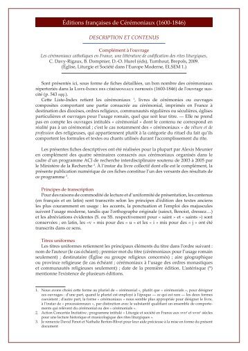 Editions françaises de cérémoniaux - irpmf - CNRS