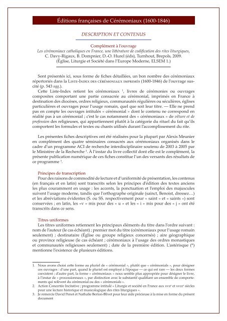 Editions françaises de cérémoniaux - irpmf - CNRS