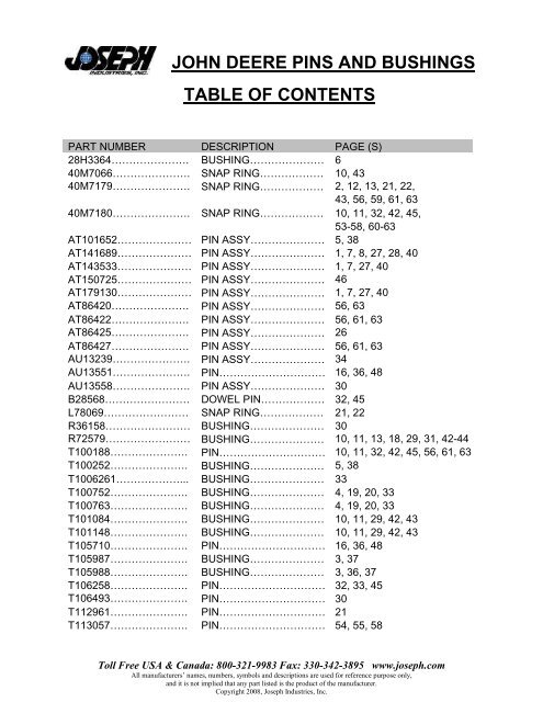 John Deere Pins and Bushings - Joseph Industries, Inc.