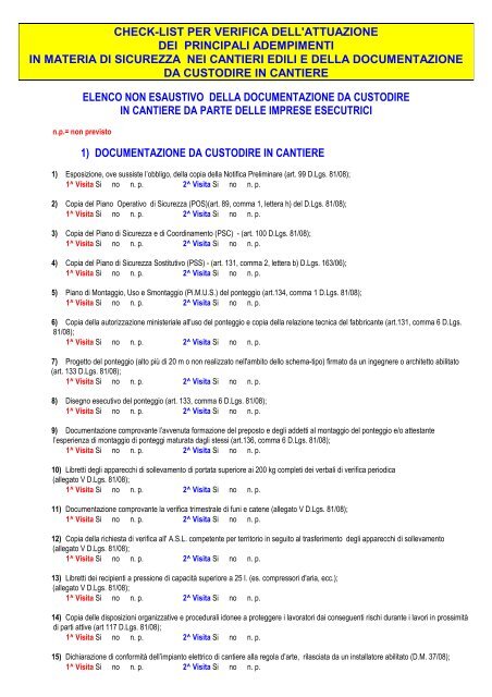 CHEK LIST sopralluogo in cantiere aggiornata al d lgs 81-08