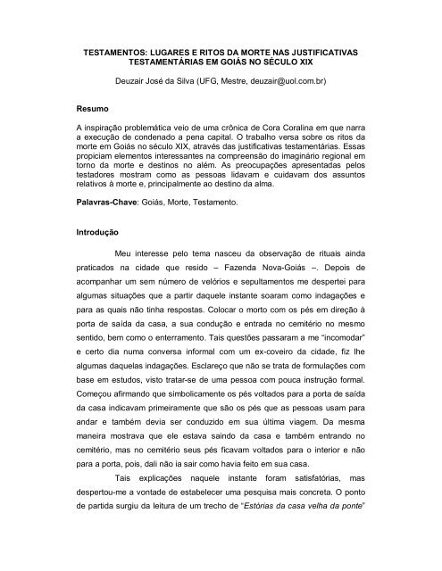 LUGARES E RITOS DA MORTE NAS JUSTIFICATIVAS  - UFG