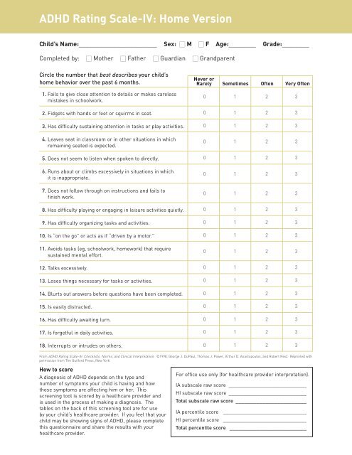 Popular Adhd rating scale home version with New Ideas