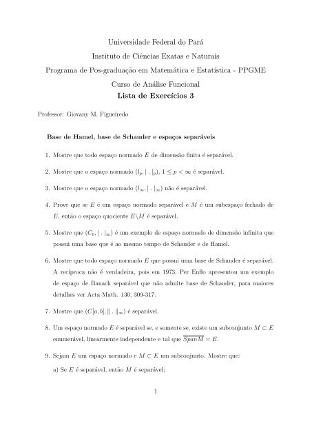 3ª Lista de Exercícios do Curso de Verão de Análise Funcional