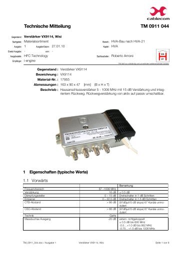 Technische Daten VX9114 - WISI