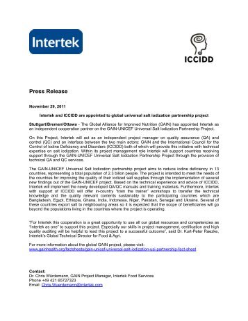 Intertek and ICCIDD are appointed to global universal salt iodization ...