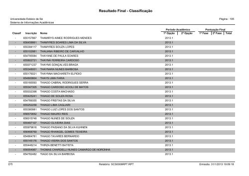 Resultado Final - Classificação - Universidade Estácio de Sá