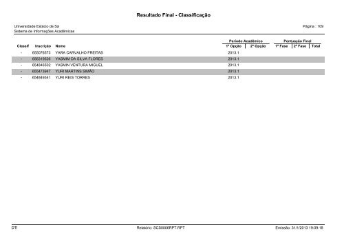 Resultado Final - Classificação - Universidade Estácio de Sá