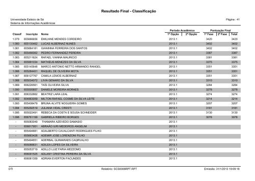 Resultado Final - Classificação - Universidade Estácio de Sá