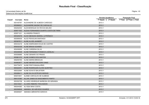 Resultado Final - Classificação - Universidade Estácio de Sá