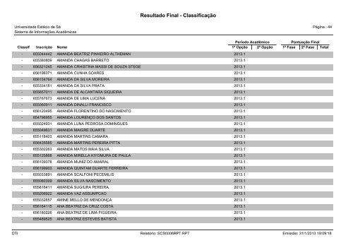 Resultado Final - Classificação - Universidade Estácio de Sá