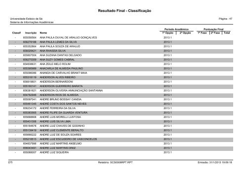 Resultado Final - Classificação - Universidade Estácio de Sá