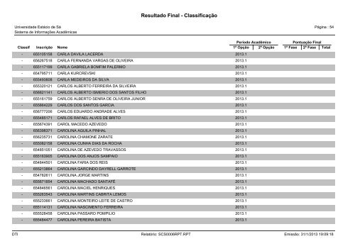 Resultado Final - Classificação - Universidade Estácio de Sá