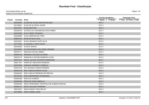 Resultado Final - Classificação - Universidade Estácio de Sá