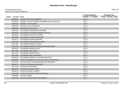 Resultado Final - Classificação - Universidade Estácio de Sá