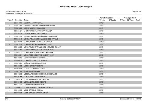 Resultado Final - Classificação - Universidade Estácio de Sá