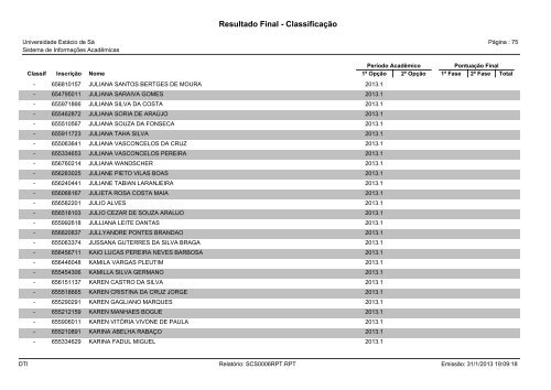 Resultado Final - Classificação - Universidade Estácio de Sá