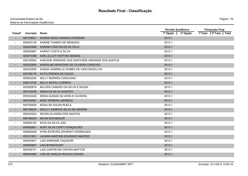 Resultado Final - Classificação - Universidade Estácio de Sá