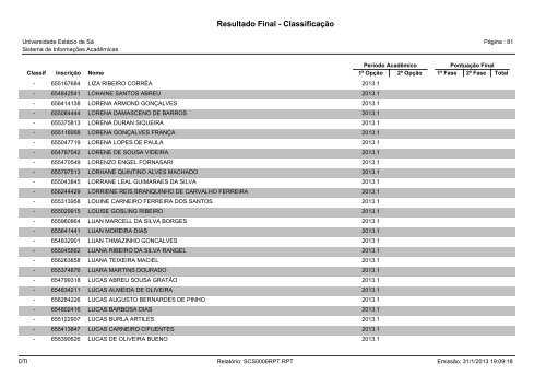 Resultado Final - Classificação - Universidade Estácio de Sá