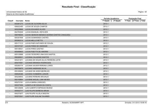 Resultado Final - Classificação - Universidade Estácio de Sá