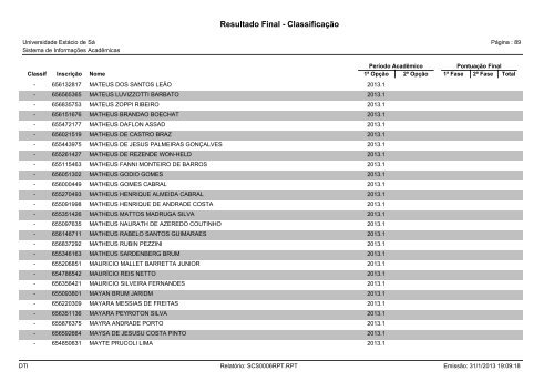 Resultado Final - Classificação - Universidade Estácio de Sá