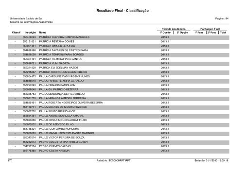 Resultado Final - Classificação - Universidade Estácio de Sá