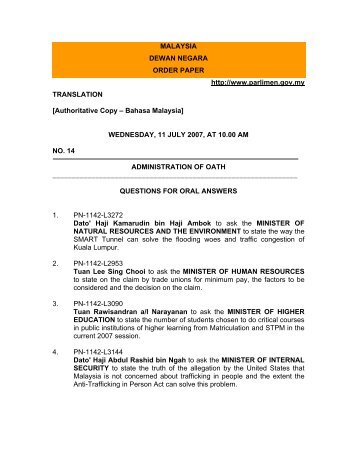 MALAYSIA DEWAN NEGARA ORDER PAPER http://www.parlimen ...