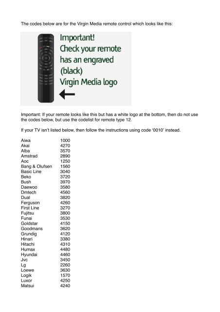 remote type 11 ruwido codelist virgin media