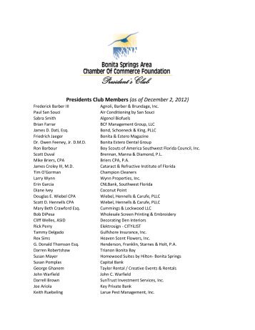 Presidents Club Members - Bonita Springs Chamber of Commerce