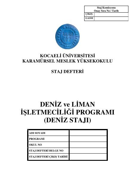 Deniz Staj Defteri - Karamürsel Meslek YüksekOkulu - Kocaeli ...
