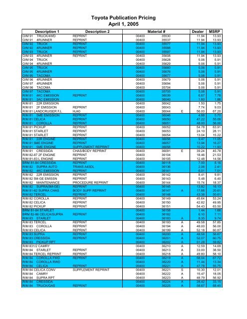 Dealer Publications Price List 0405